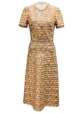 ELIE SAAB BLUSH PINK / YELLOW / ROSE GOLD METALLIC CAMALEONTE SEQUINED MIDI DRES